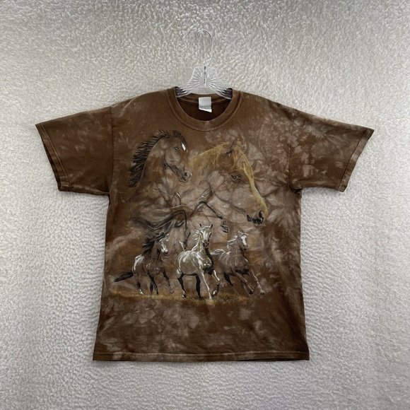 Y2K Vintage Gildan Brown Tie-Dye Horse Graphic Short Sleeve T-Shirt M Medium - Picture 1 of 12